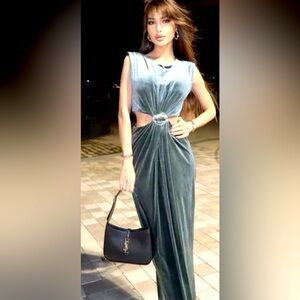 NWOT Zara Velvet teal/green Cut out buckle dress XS